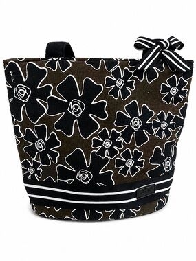 Thirty-One Black White Floral Tote Bag Bow Detail Canvas